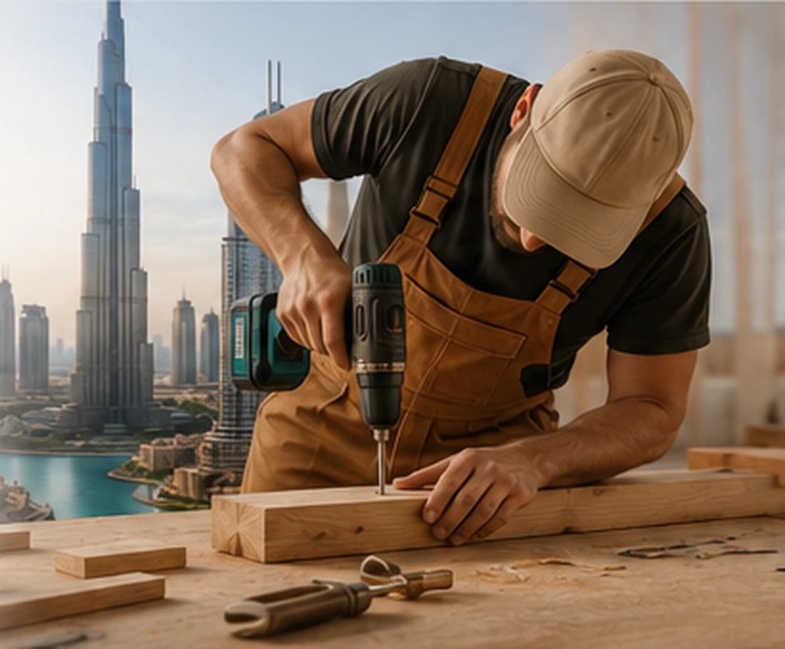 Carpenter working with the Burj Khalifa and Dubai skyline in the background