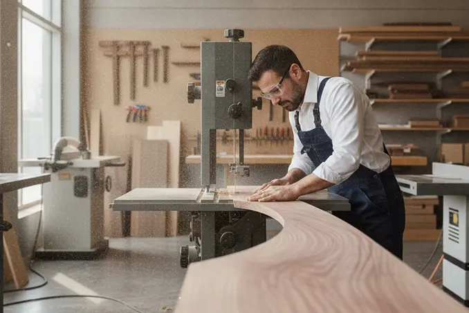 Carpenter cutting a curved wooden panel during the carpentry work process in Dubai