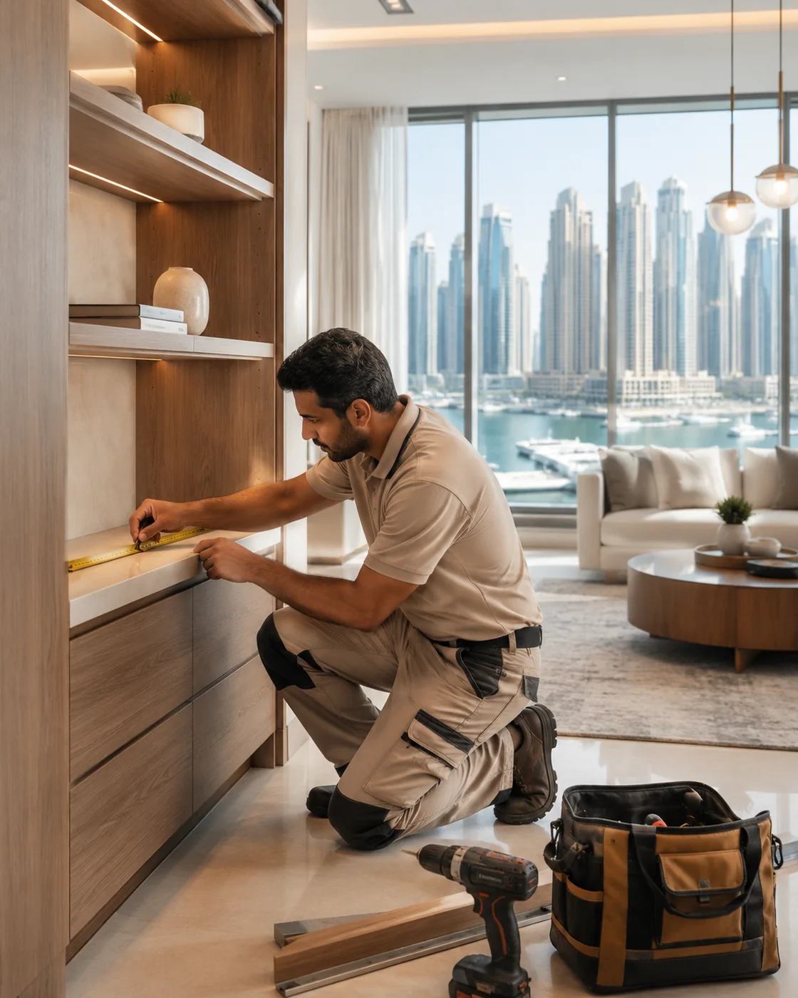 Carpenter measuring fitted cabinetry in a Dubai apartment